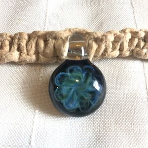 Hemp Necklace with Blue Swirl Like a Seven Leaf Clover Light and Dark Blue